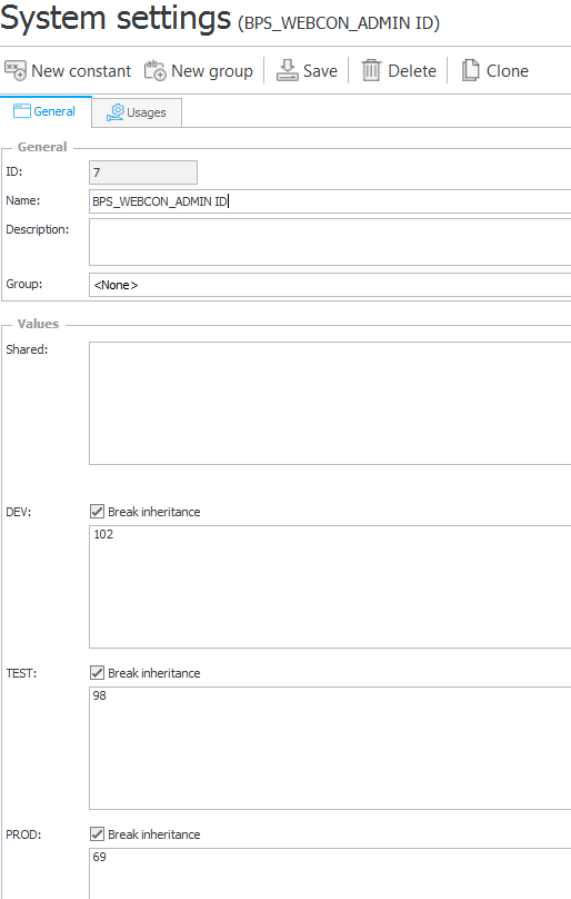 Przykład konfiguracji stałej zwracającej ID grupy SharePoint BPS_WEBCON_ADMIN