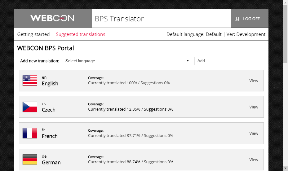 Rysunek 2. BPS Translator, widok listy dostępnych do tłumaczenia pakietów językowych
