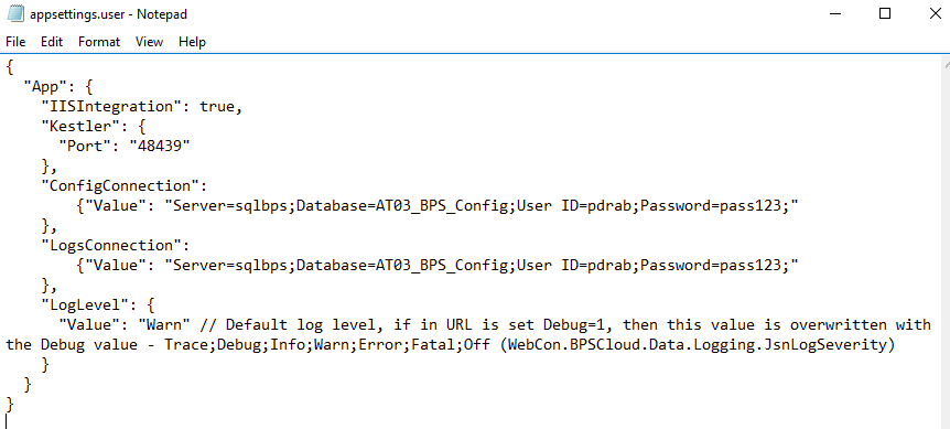 Rys. 4. appsettings.user.json dla połączenia z autentykacją loginem SQL