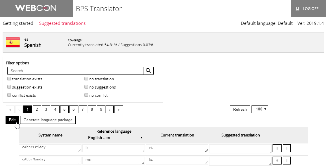 Rysunek 10. Wprowadzanie tłumaczeń jest możliwe po kliknięciu na przycisk Edit. Wprowadzone zmiany są na bieżąco zapisywane
